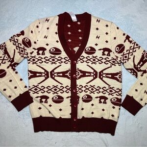 Star Wars Womens Death Star Cardigan Sweater size Large Cream Red